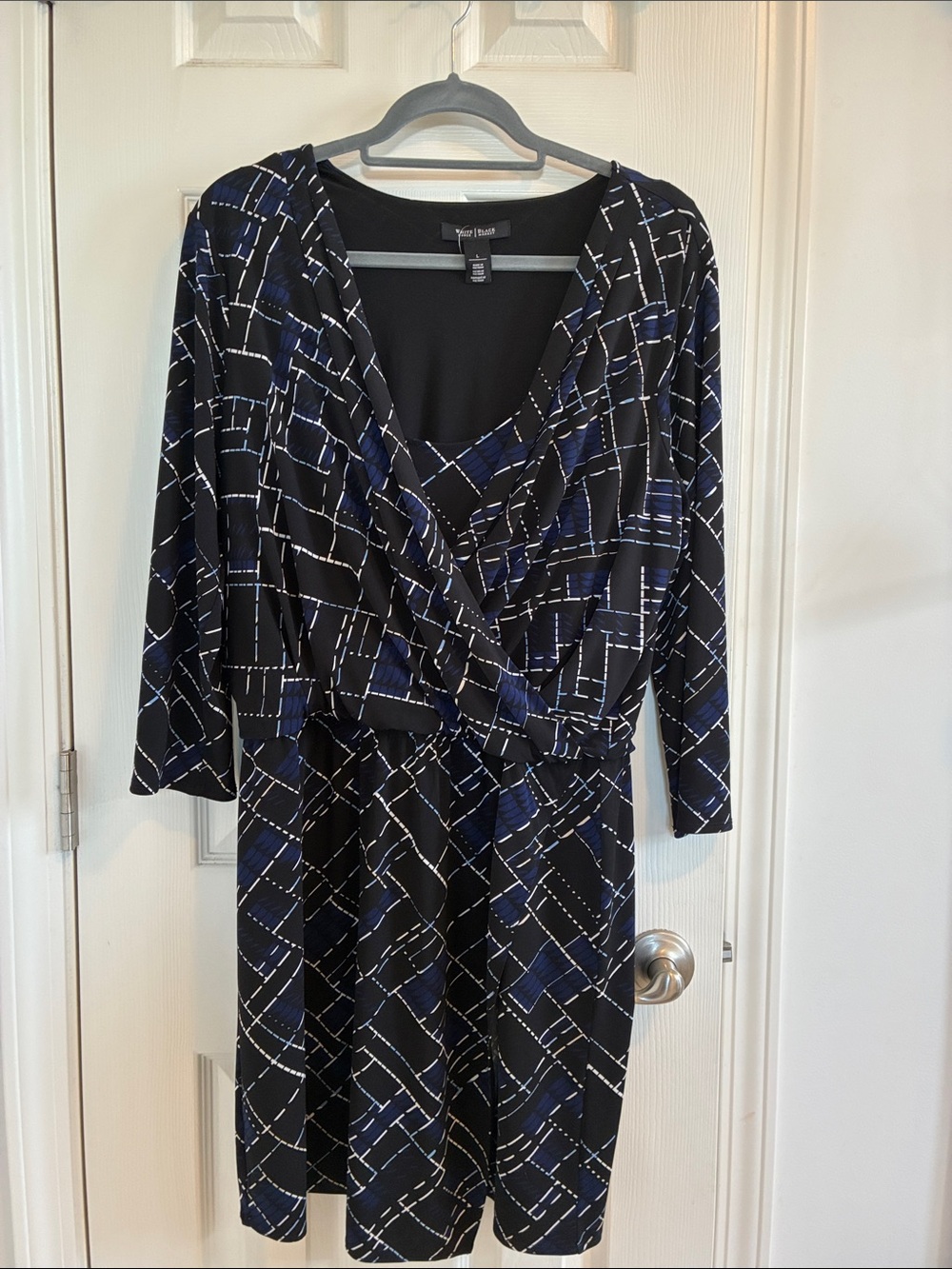 White House Black Market Navy and White Geometric Faux-Wrap Dress